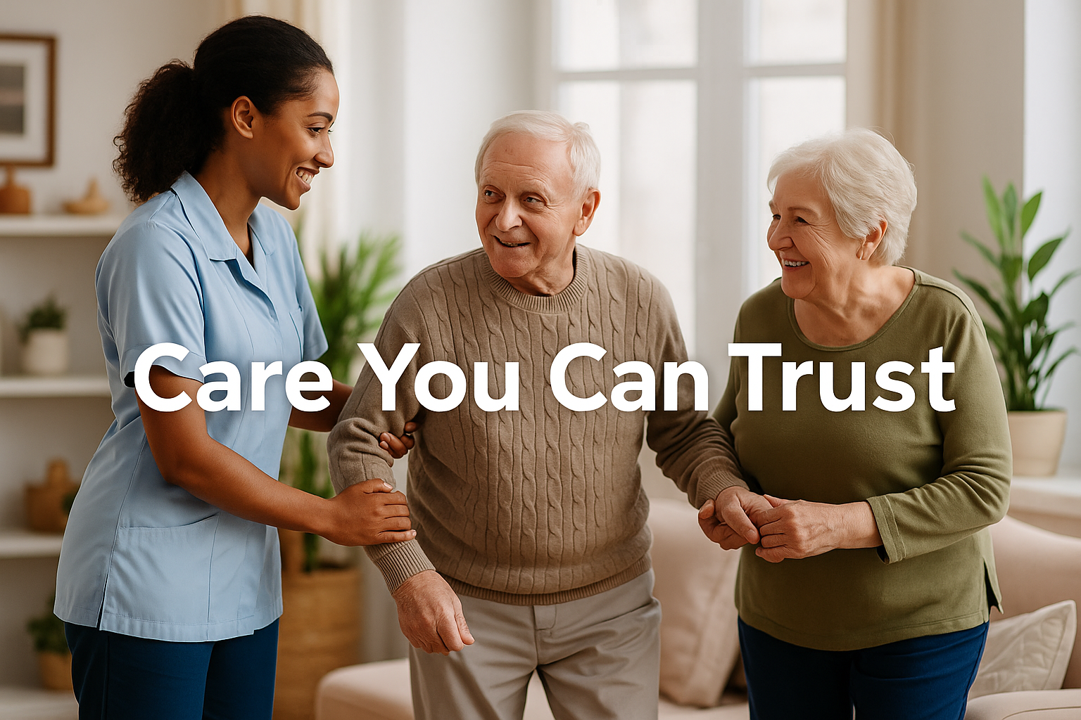 Smiling caregiver assisting elderly women at home with text Care You Can Trust — Better Care Agency Colorado