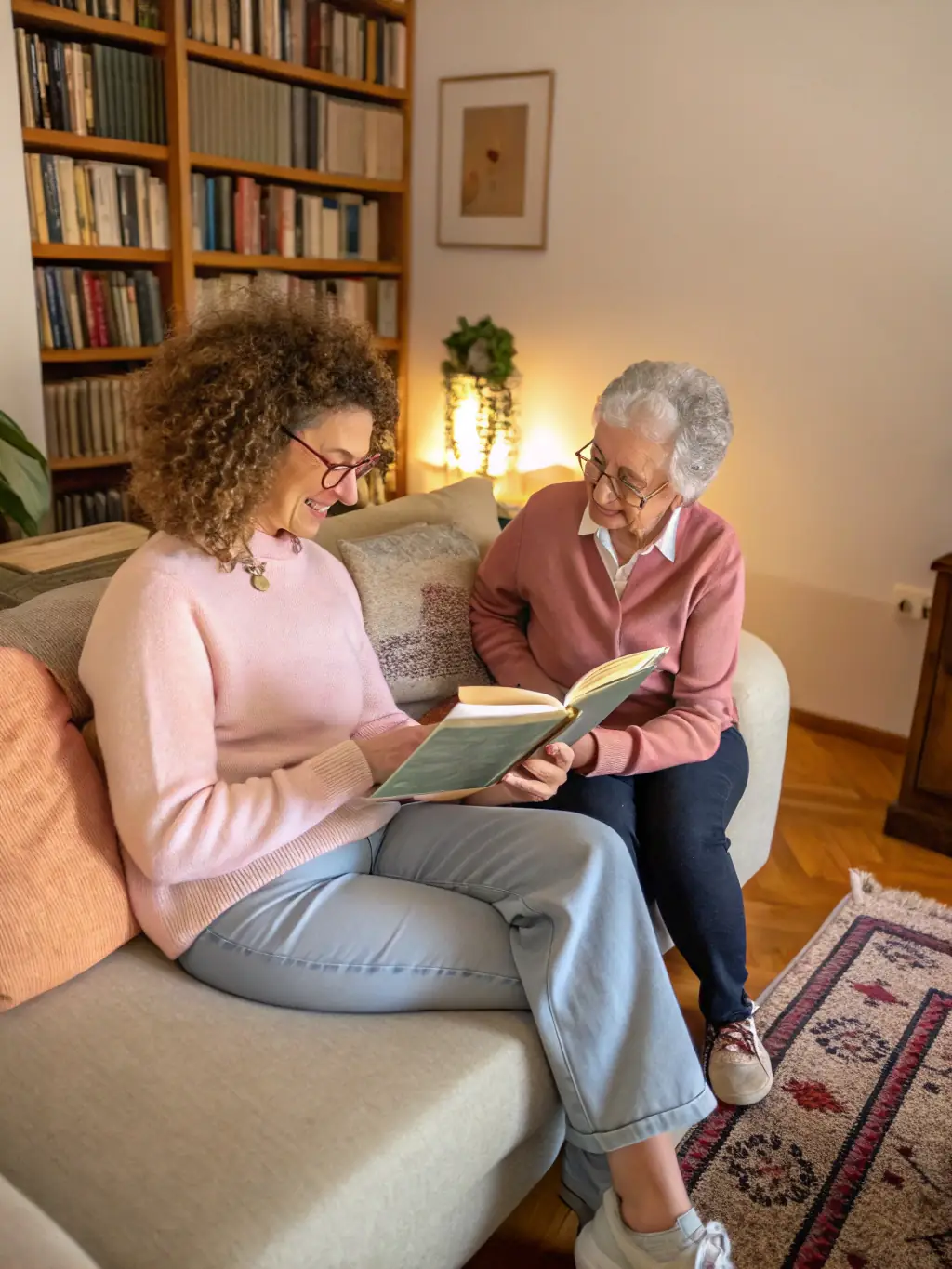 A caregiver providing companionship and assistance to a client in a living room setting, illustrating Private Pay Home Care.