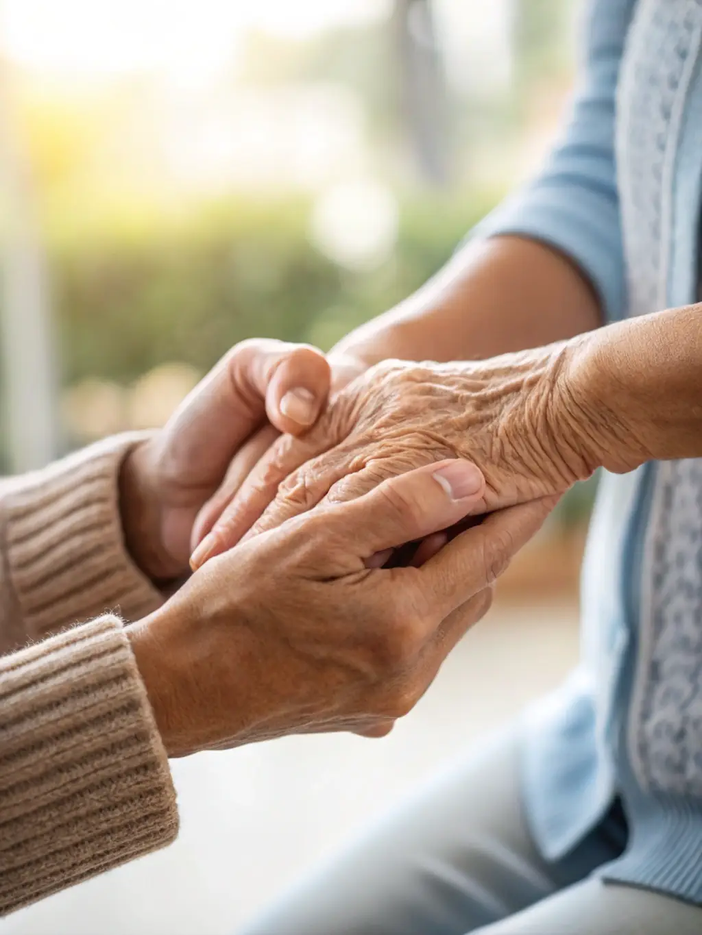 A close-up shot of a caregiver holding the hand of an elderly client, conveying the emotional support and companionship offered through Better Care Agency's pro bono services.