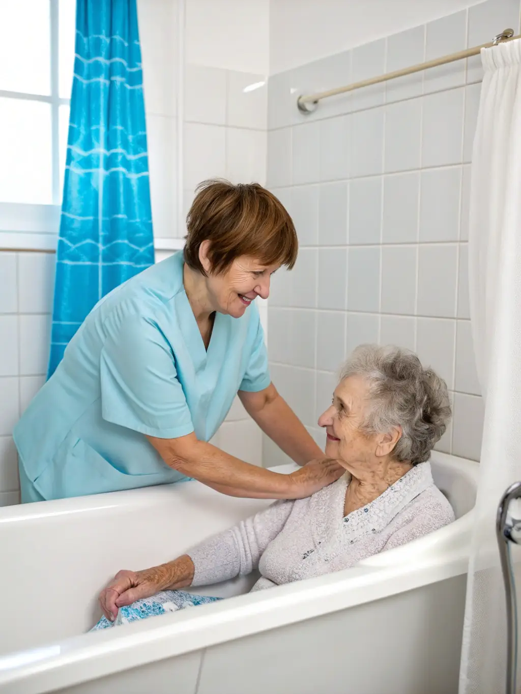 A caregiver helping a client with personal hygiene, showcasing the personal care services available through Medicaid waivers.